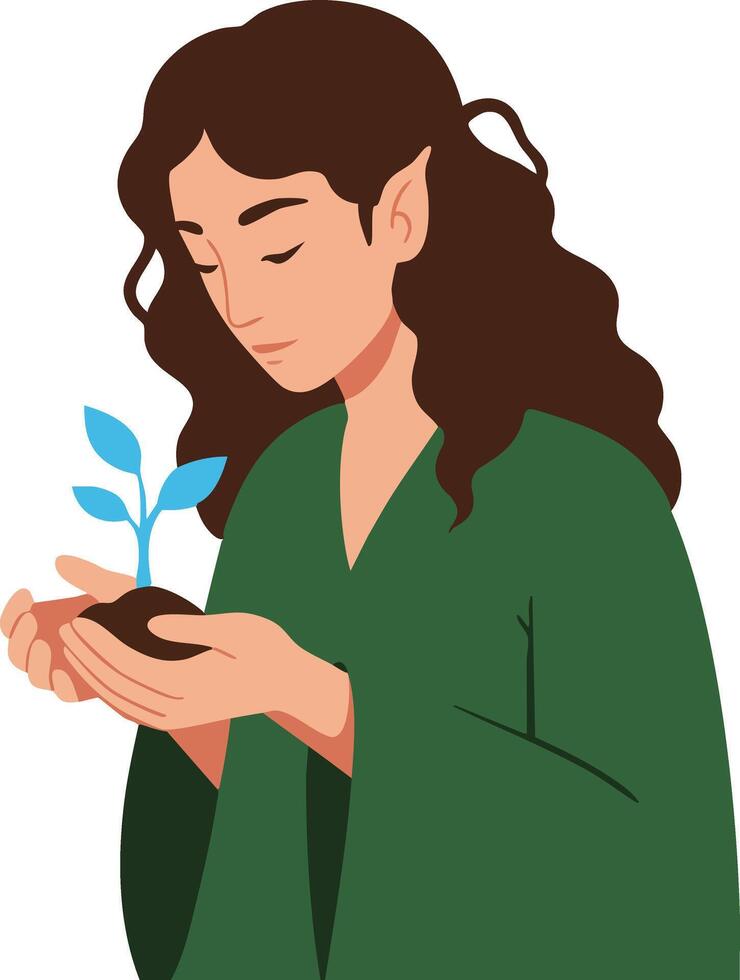 Woman holding a small plant sprout in soil nurturing growth with calm expression in green clothing illustration vector