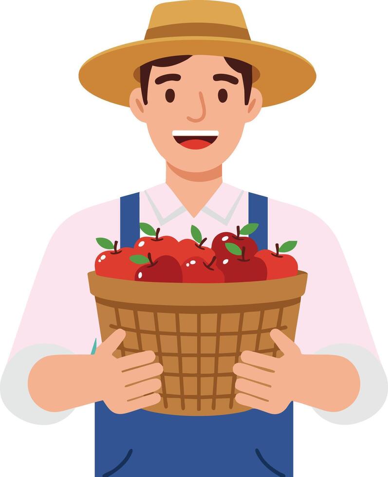 Farmer holding basket of fresh red apples wearing straw hat and overalls illustration vector