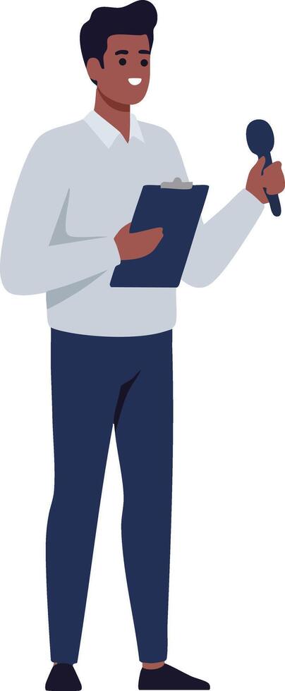 Male presenter holding microphone and clipboard in casual outfit illustration vector