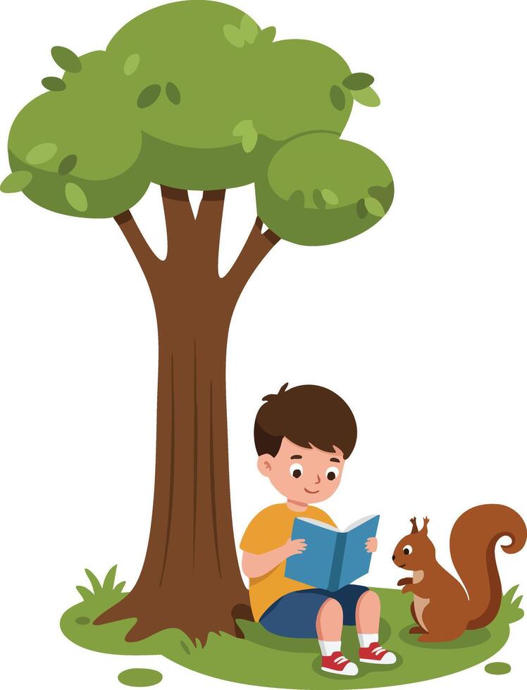 Child sitting under tree reading book with friendly squirrel in peaceful outdoor scene illustration vector