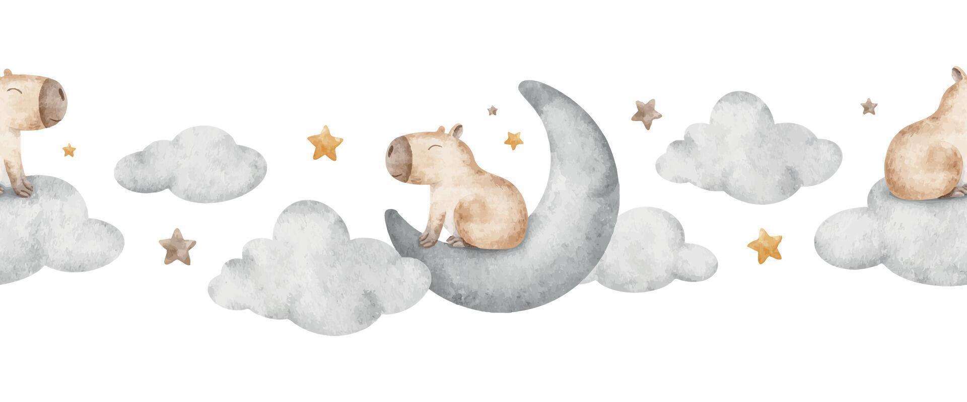 Capybara sleeping on cloud, crescent moon and stars. Cute dreamy character rodent animal. Hand drawn watercolor seamless border. Lane background of guinea pig for wallpaper, kids room, baby shower vector