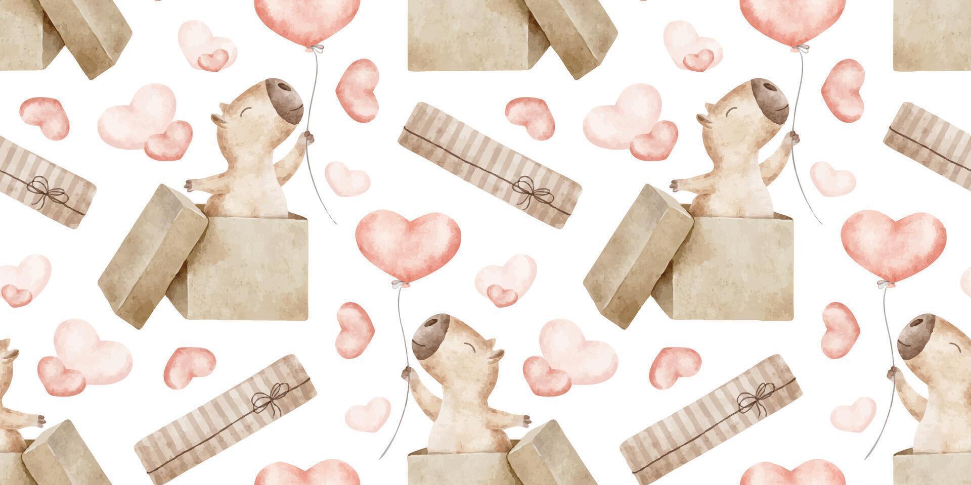 Capybaras with red hearts balloons and gift boxes. Valentine's Day background with rodent. Hand drawn watercolor seamless surface pattern design of guinea pig for February 14, textile, wrapping paper vector