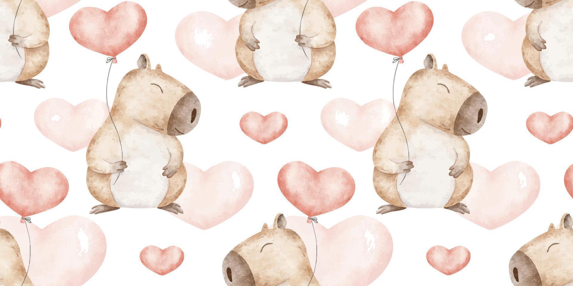 Capybaras with red hearts balloons. Valentine's Day background with cute rodent. Hand drawn watercolor seamless surface pattern design of guinea pig for February 14,wallpaper, textile, wrapping paper vector