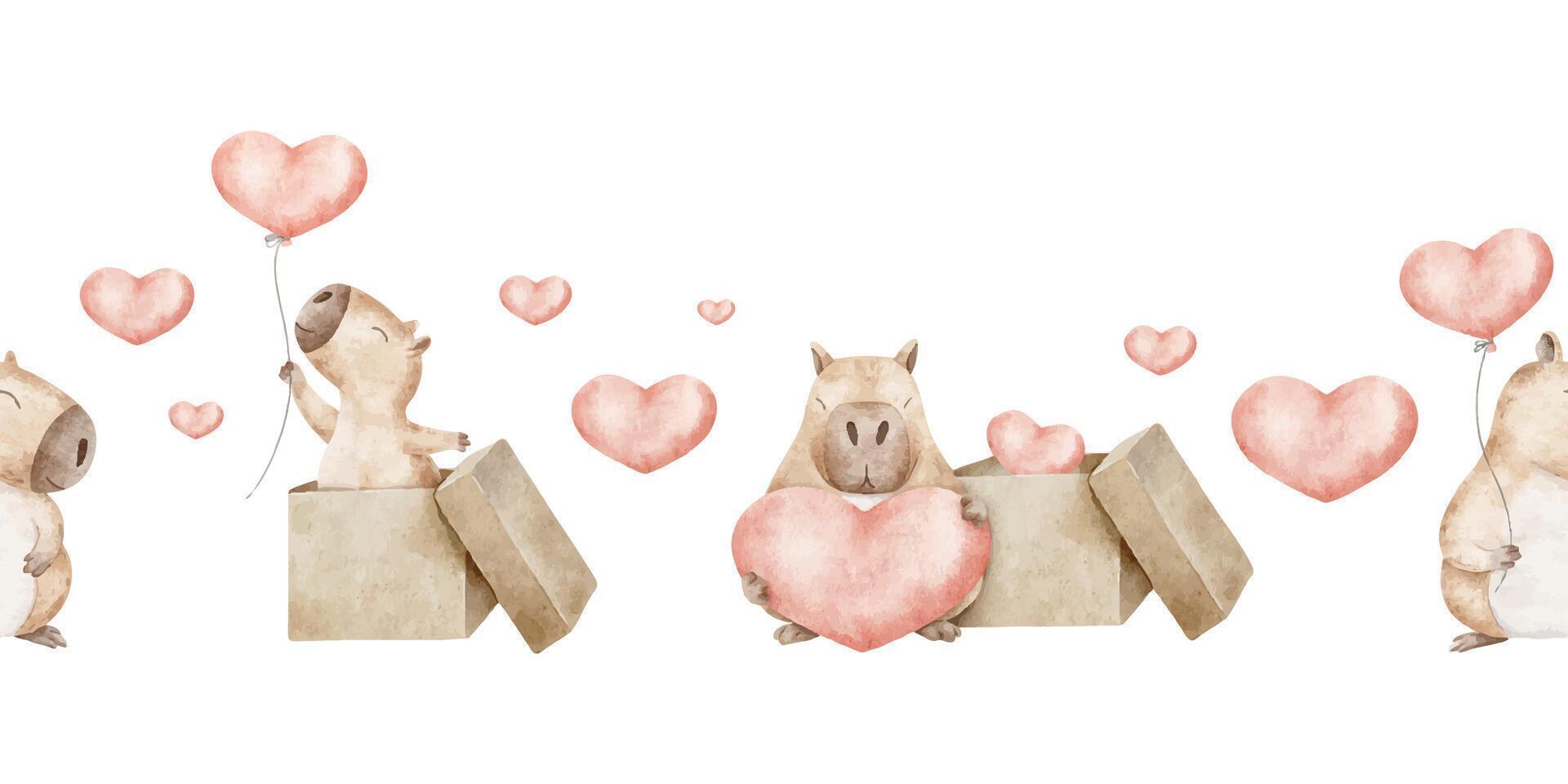 Capybaras, gift box, balloons and red hearts. Valentine's day banner featuring fluffy rodent. Hand drawn watercolor seamless border of guinea pig for February 14, wallpaper, cards, product packaging. vector