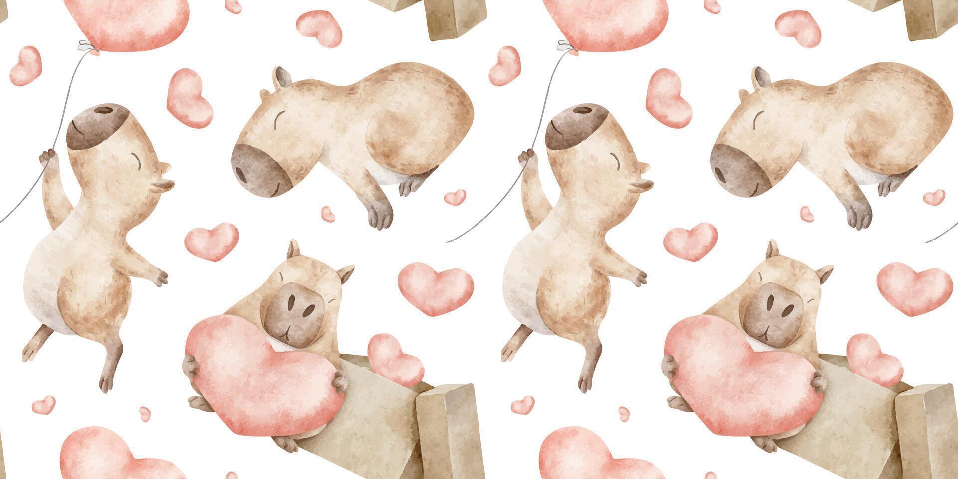 Capybaras fly at heart balloon, gift boxes and hearts. Hand drawn watercolor seamless pattern for Valentine's Day. Romantic background of guinea pig for February 14,wallpaper, textile, wrapping paper vector