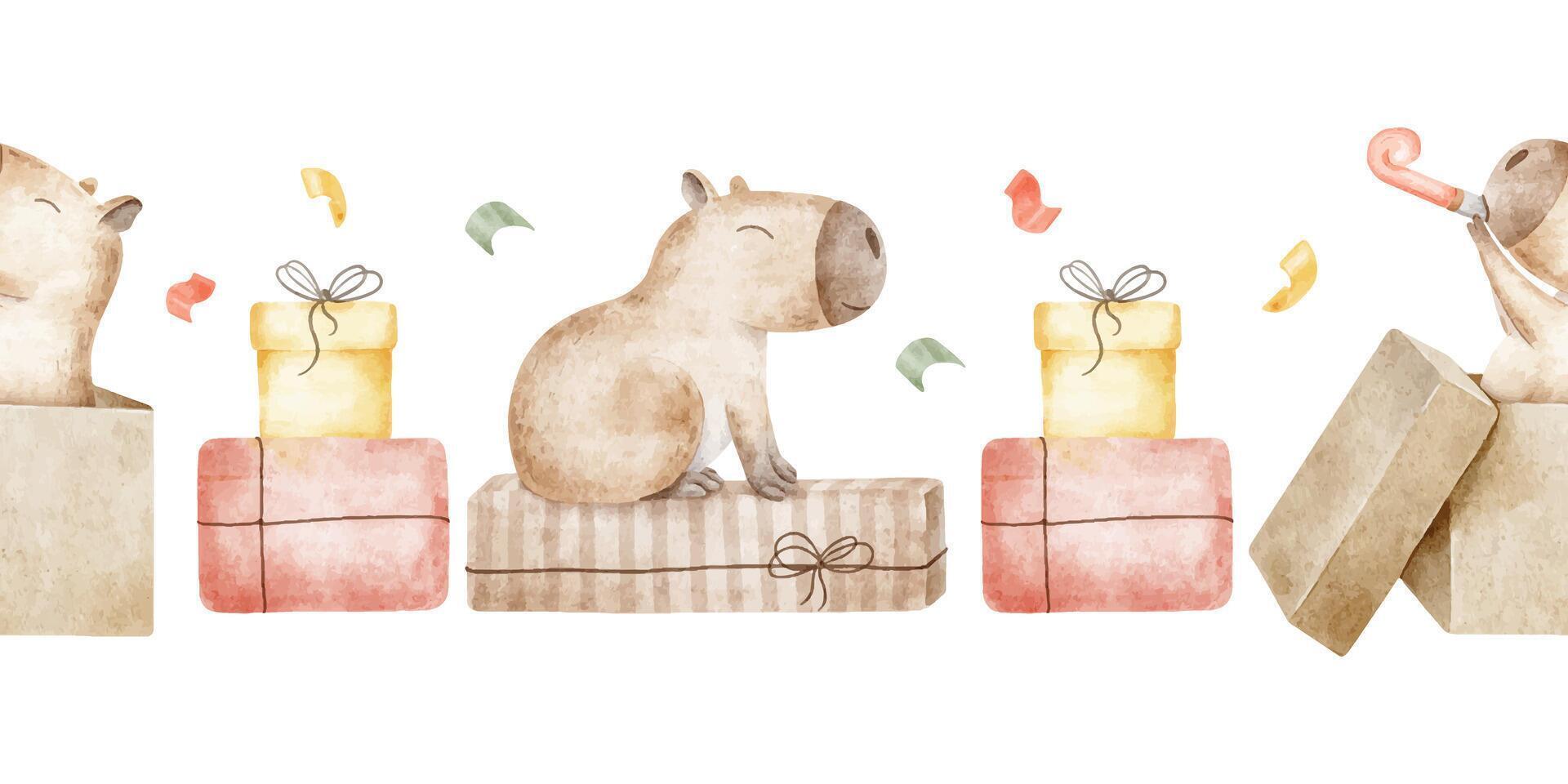 Capybara among colorful gifts, whistle, confetti. Happy birthday vector