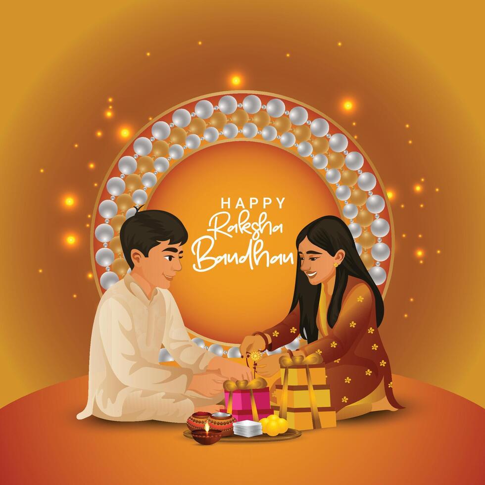 Raksha bandhan indian festival celebration card with brother and sister illustration vector