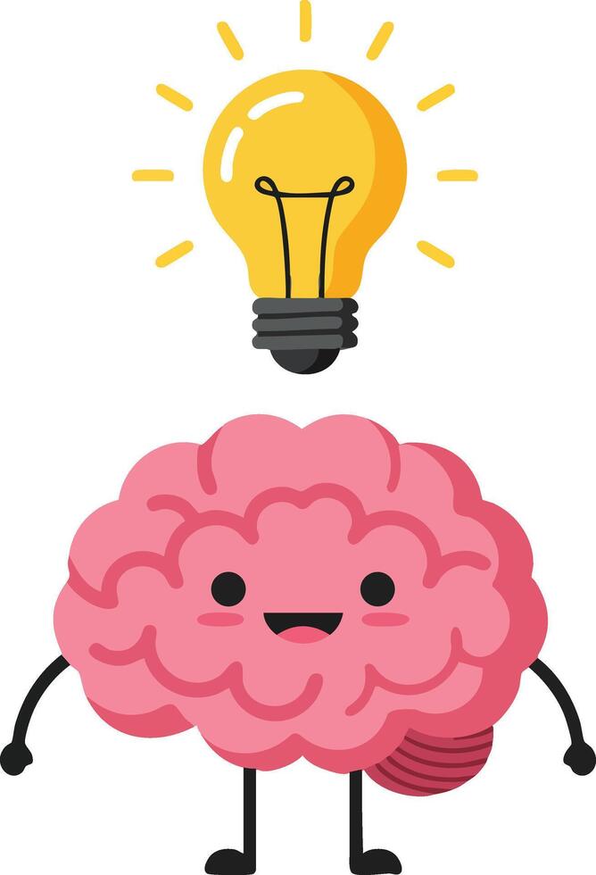 Cartoon Brain Character with Glowing Yellow Light Bulb Idea Symbol Illustration vector