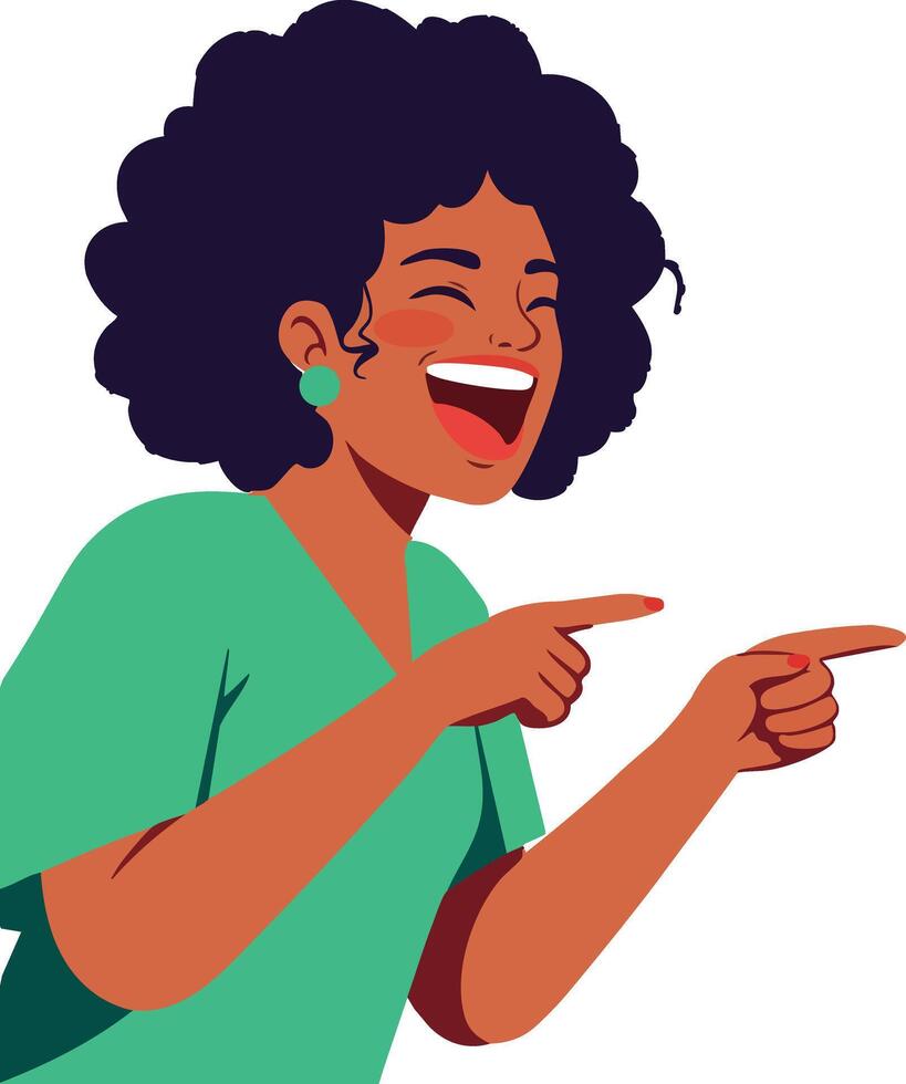 Woman with curly hair laughing and pointing fingers in green top illustration vector