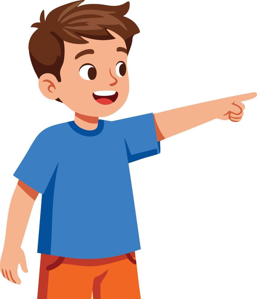 Boy in blue t-shirt and orange shorts pointing to side cheerful expression illustration vector
