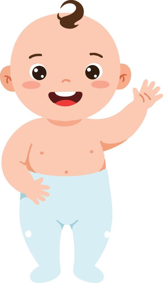 Happy smiling baby boy standing and waving hand in light blue pants illustration vector