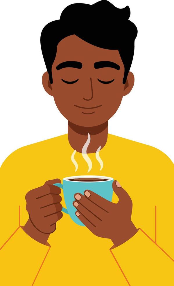 Man enjoying hot coffee in blue cup with yellow sweater illustration portrait vector