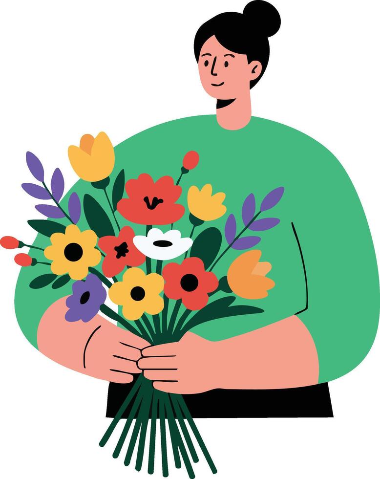 Woman holding colorful flower bouquet with tulips and poppies in casual green sweater illustration vector