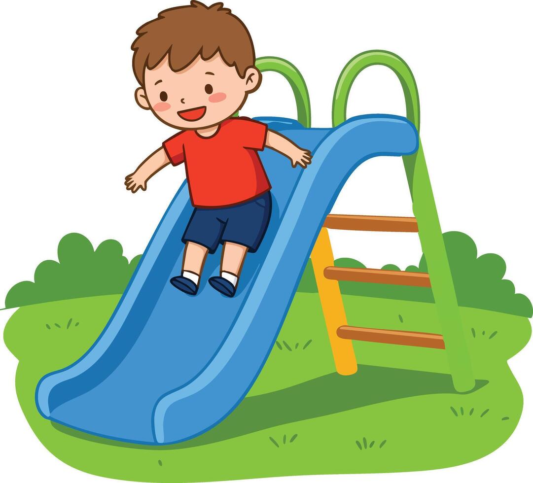 Boy sliding down blue playground slide on green grass outdoor play equipment illustration vector
