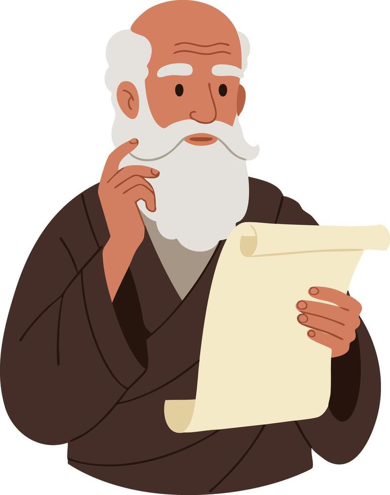 Wise elderly man reading ancient scroll holding parchment illustration thoughtful expression vector