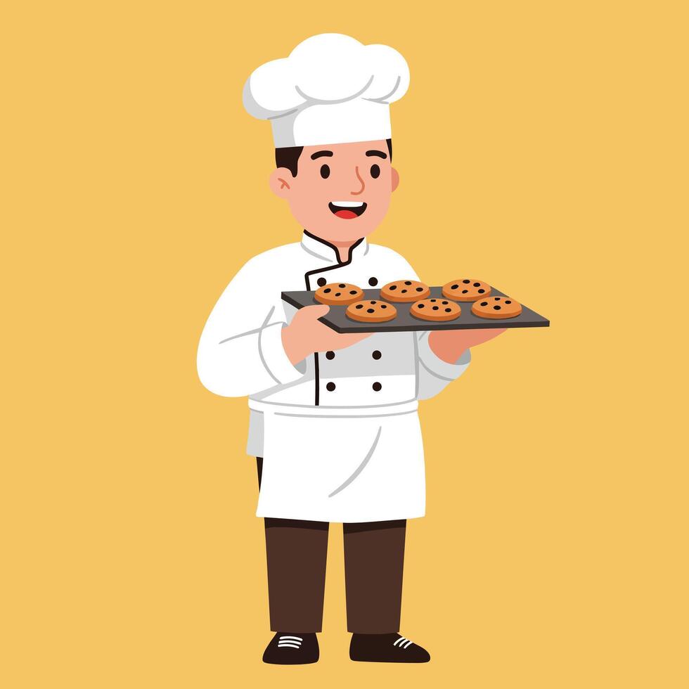 Chef holding tray with freshly baked cookies in kitchen uniform smiling happily illustration vector