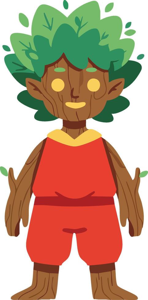 Tree spirit character with green leafy hair and wooden body wearing red clothes illustration vector