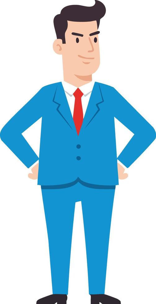 Confident businessman standing with hands on hips wearing blue suit and red tie illustration vector