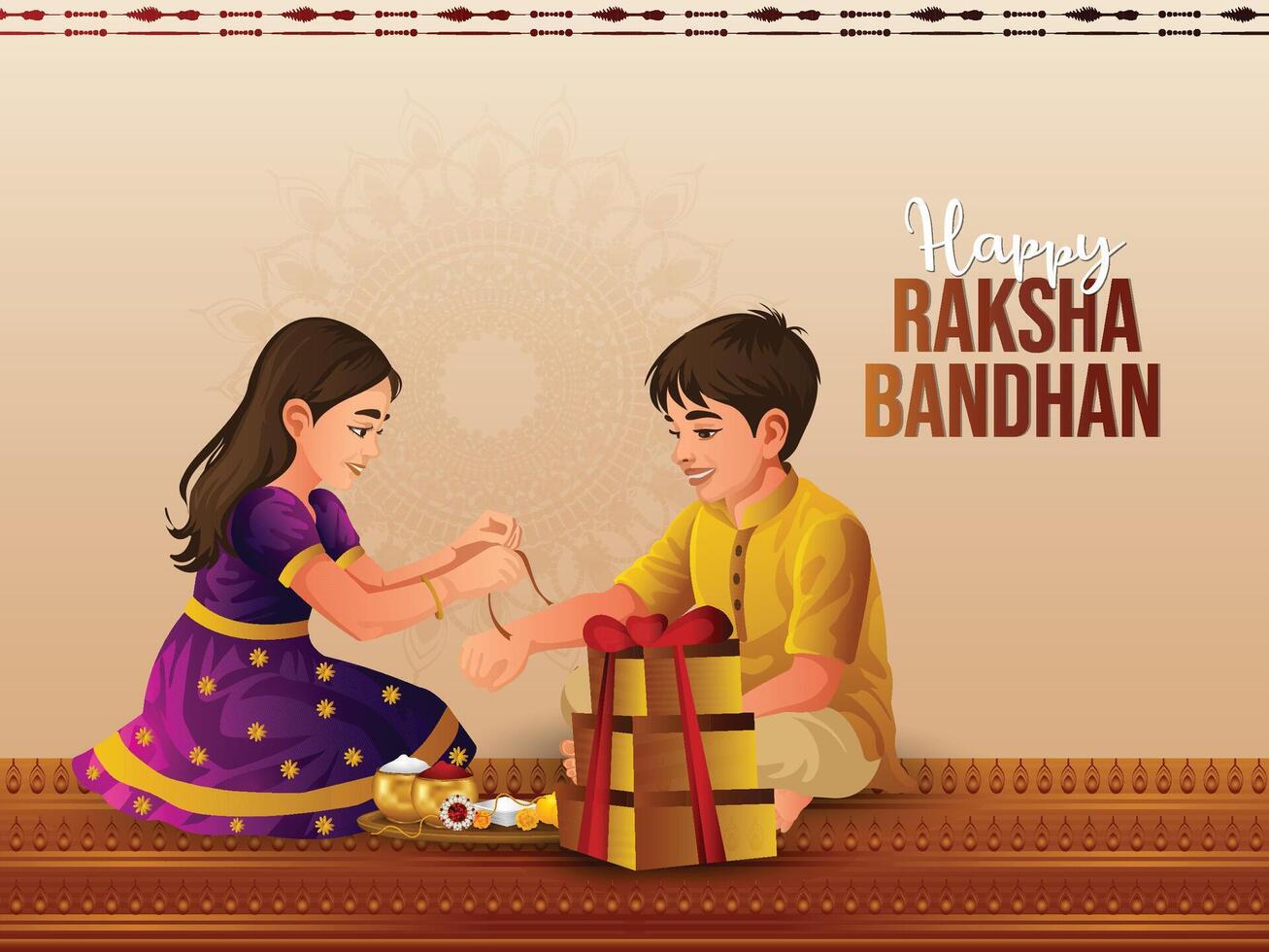 Happy raksha bandhan indian festival celebration card with brother and sister illustration vector