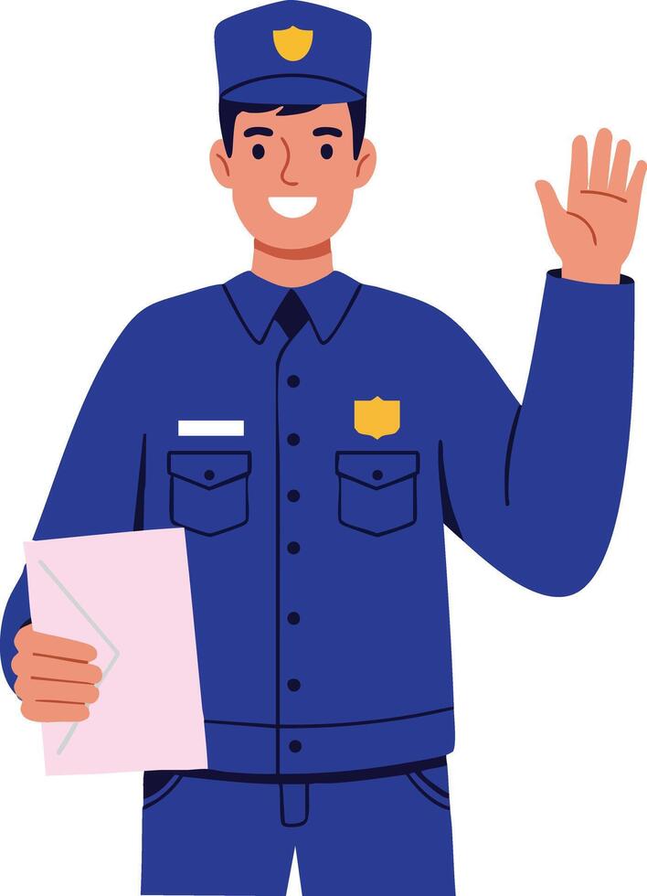 Police officer in blue uniform waving hand and holding envelope illustration image vector