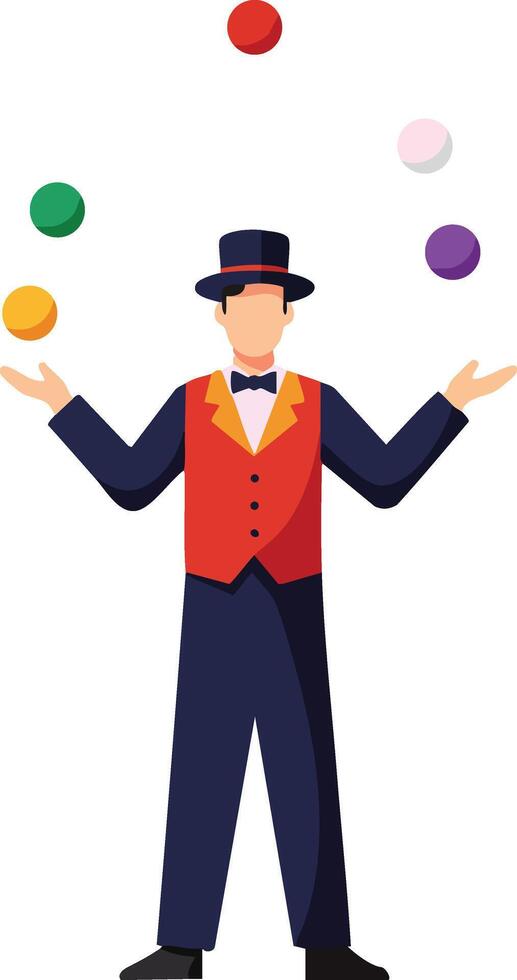 Male juggler performing with colorful balls in classic costume and top hat illustration vector