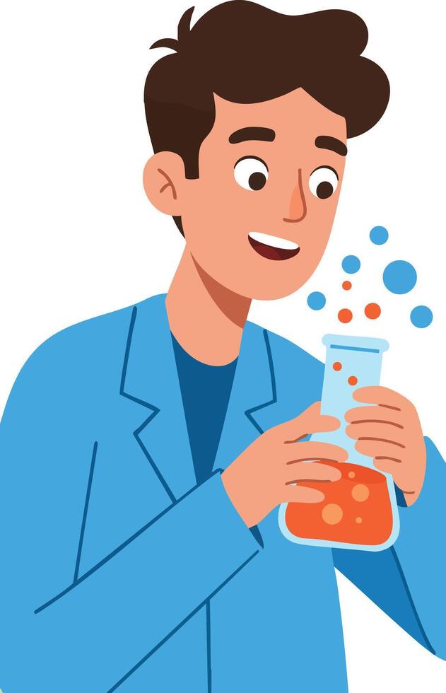 Young male scientist conducting chemistry experiment with orange liquid in laboratory flask illustration vector
