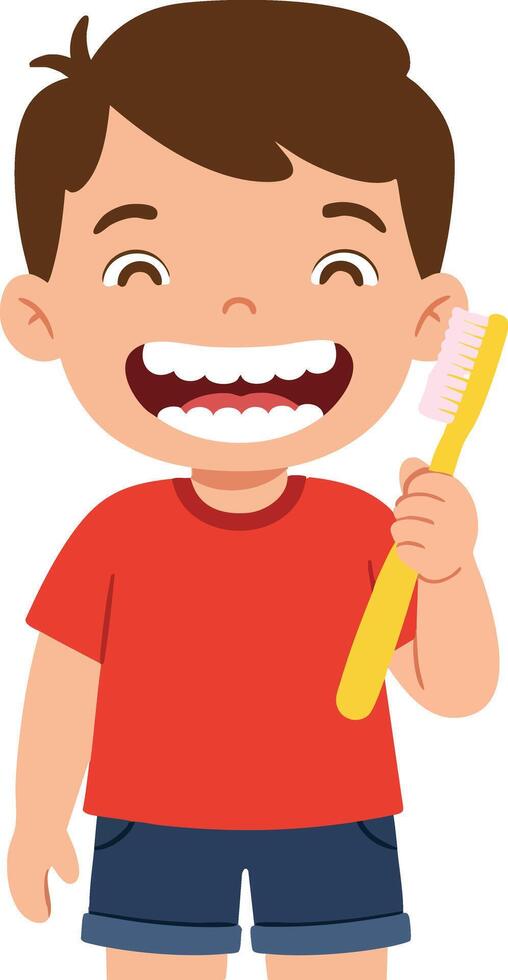 Happy boy brushing teeth with yellow toothbrush in red shirt and blue shorts illustration vector