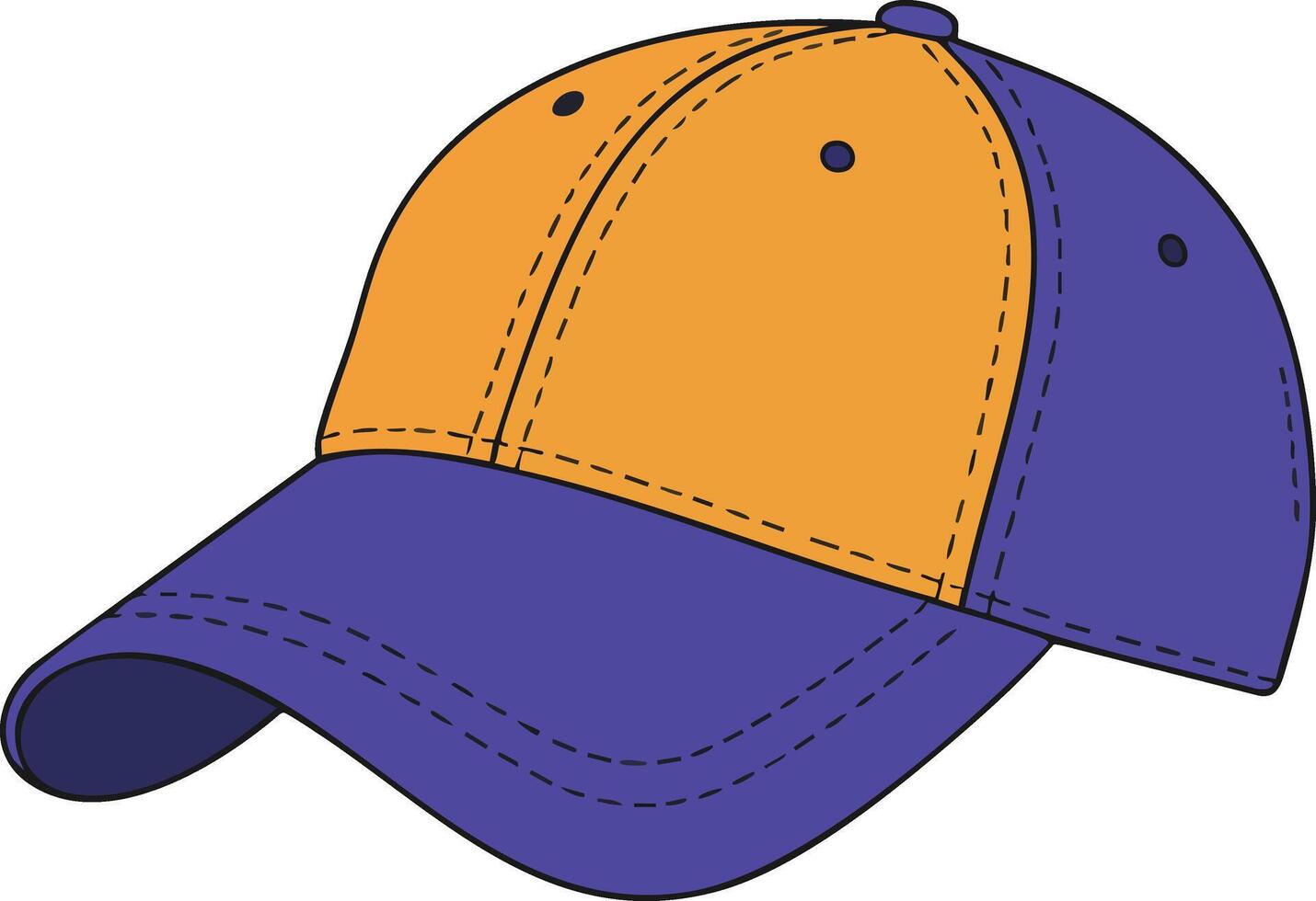 Two tone orange and purple baseball cap illustration with stitching details and curved brim vector
