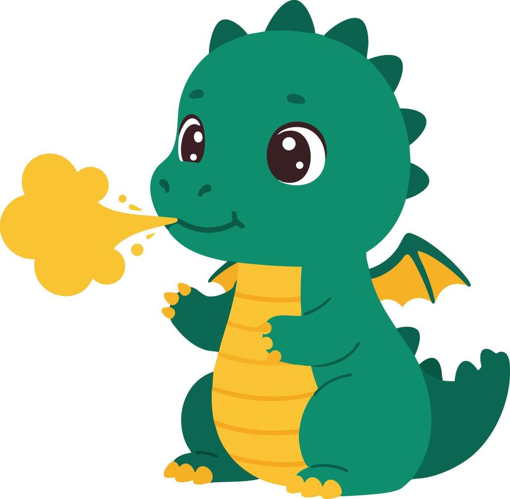 Cute green baby dragon cartoon breathing yellow fire illustration for children design and decoration vector