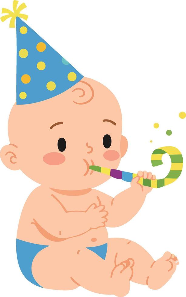 Baby wearing blue party hat celebrating birthday with colorful party blower illustration vector