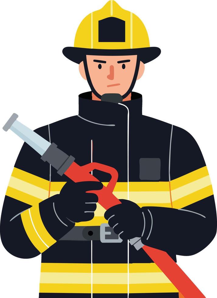 Firefighter holding fire hose wearing yellow helmet and black uniform illustration vector