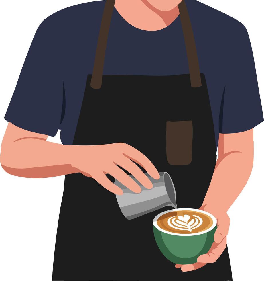 Barista pouring latte art in green cup with black apron and navy shirt illustration vector