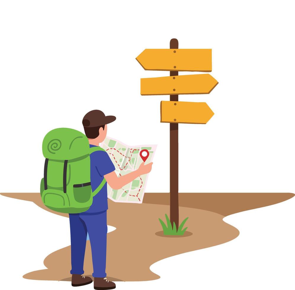 Backpacker traveler standing at crossroads looking at map for direction guidance and navigation illustration vector