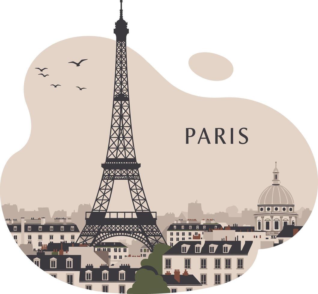 Eiffel Tower Paris cityscape with historic buildings and birds in sky illustration vector