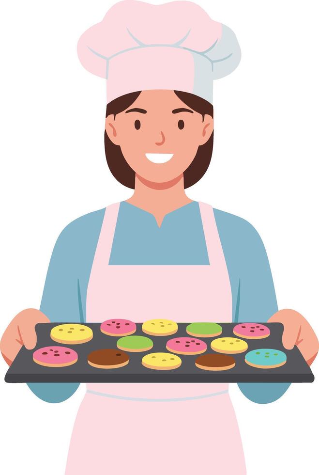 Female chef holding tray with colorful cookies in kitchen apron and hat illustration vector