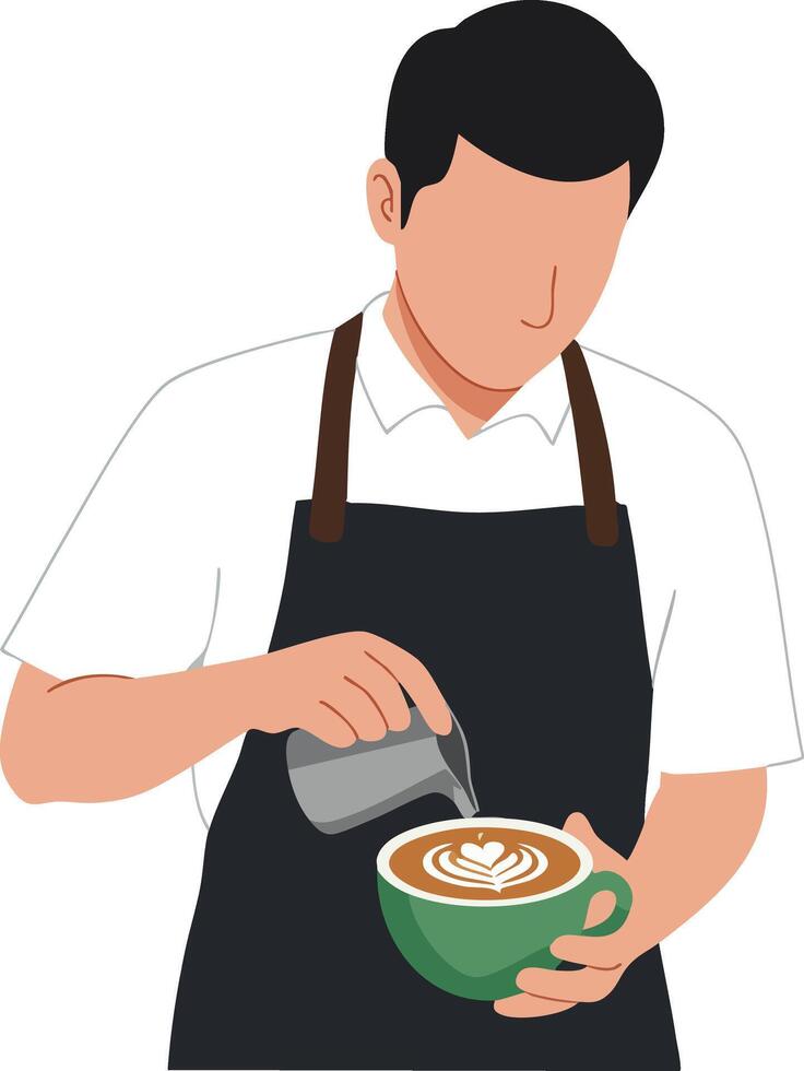 Barista preparing latte art with milk frother on green cup in coffee shop setting illustration vector