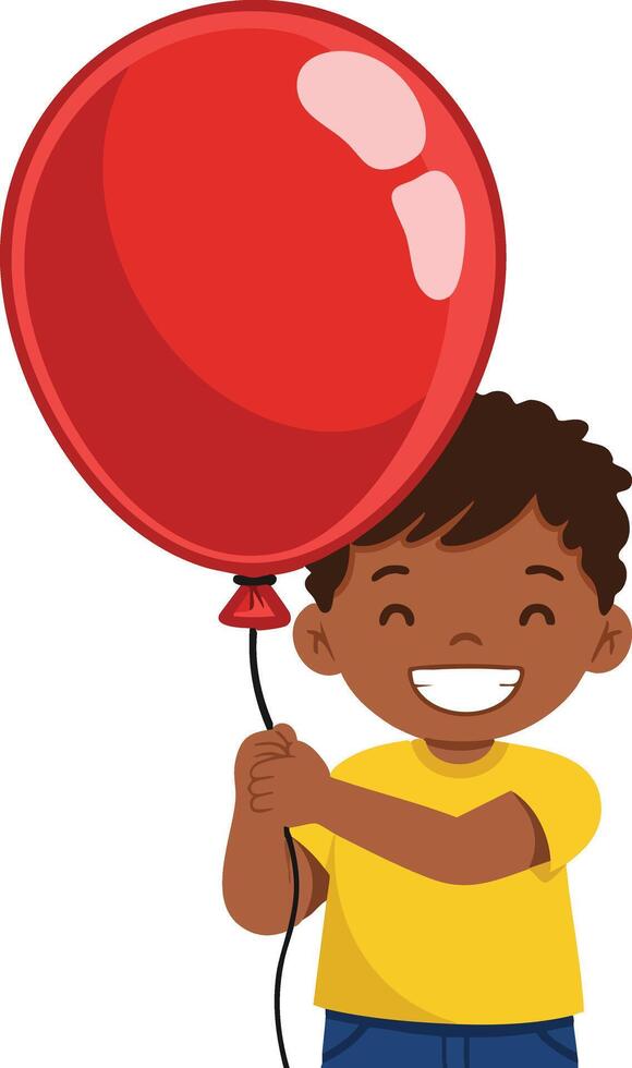 Boy Holding Red Balloon Smiling Cheerful Child Enjoying Playful Moment Outdoors in Yellow Shirt Illustration vector