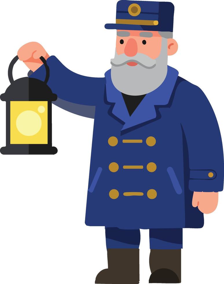 Old man holding lantern in navy blue coat and hat flat illustration vector