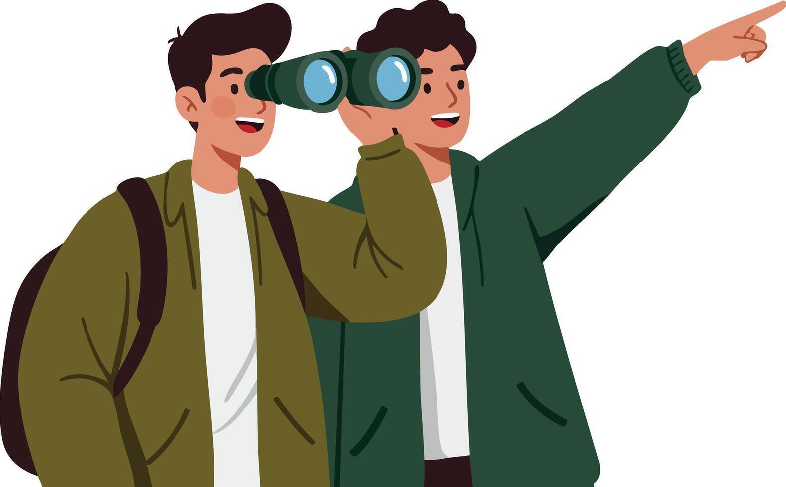 Two young men exploring with binoculars and pointing finger in casual jackets illustration vector