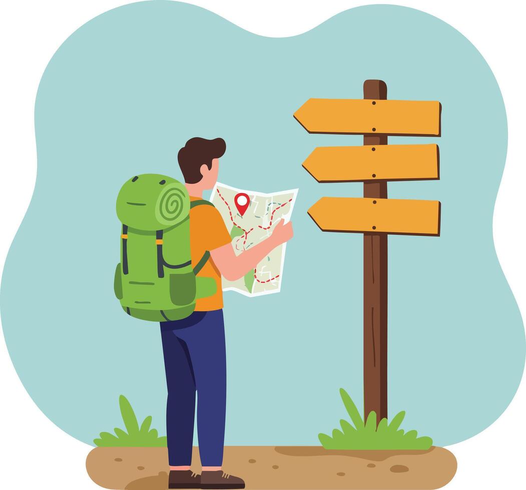 Backpacker man reading map near blank directional wooden signpost outdoor travel adventure illustration vector