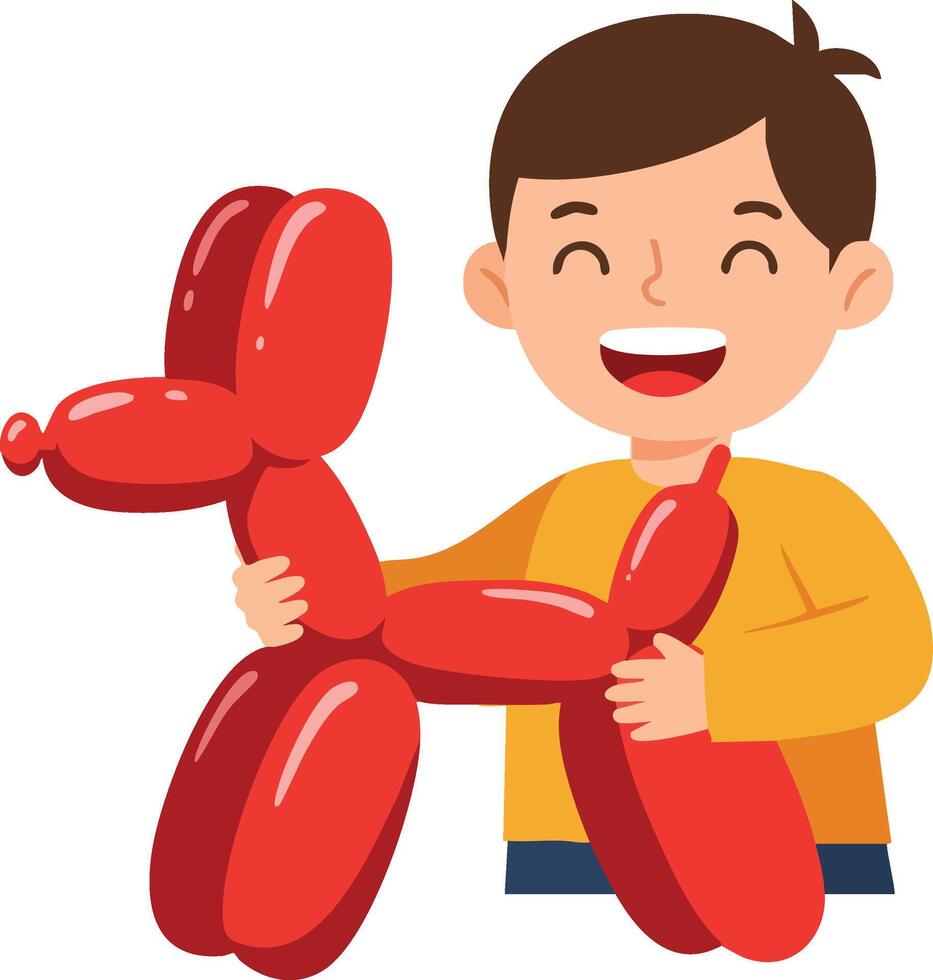 Happy boy holding large red balloon dog toy smiling cheerful illustration vector