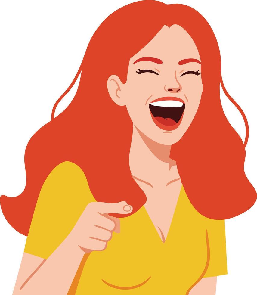 Laughing redhead woman in yellow shirt pointing finger cheerful expression illustration vector