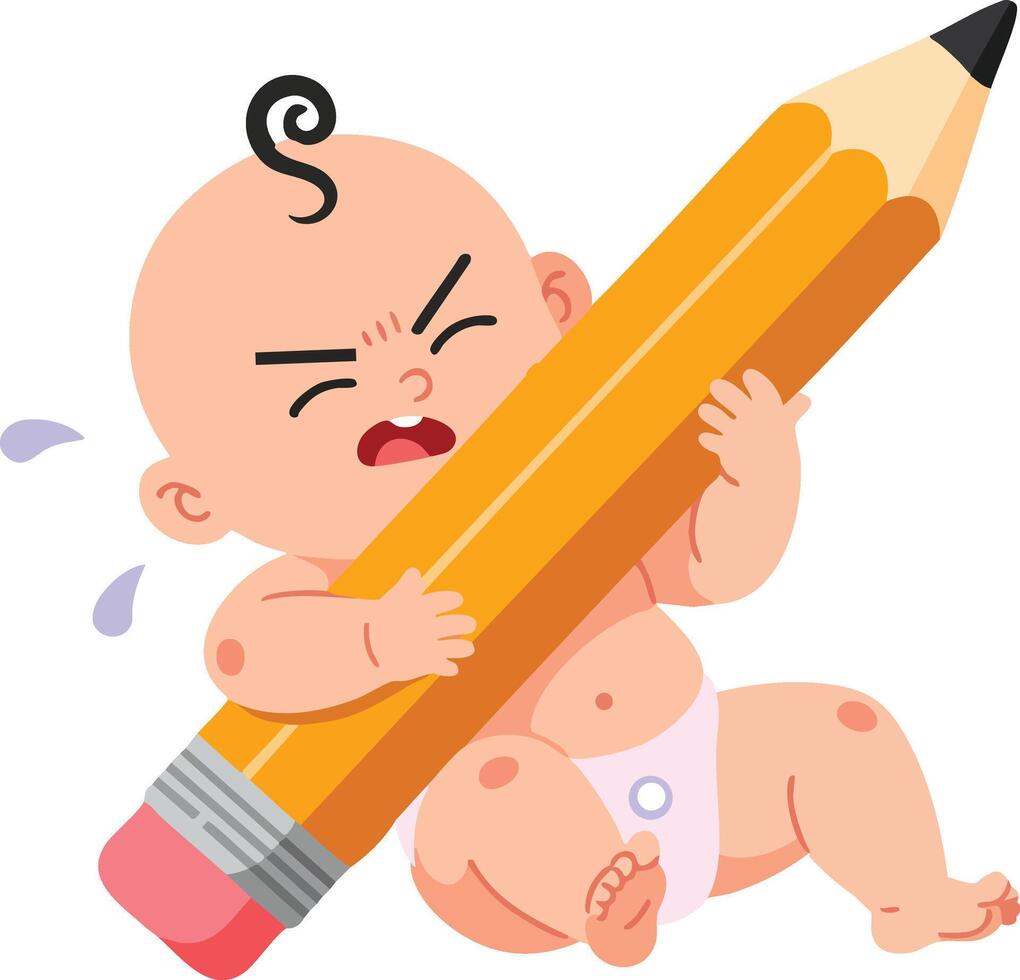 Crying baby holding oversized yellow pencil illustration in cartoon style for children education and creativity design vector