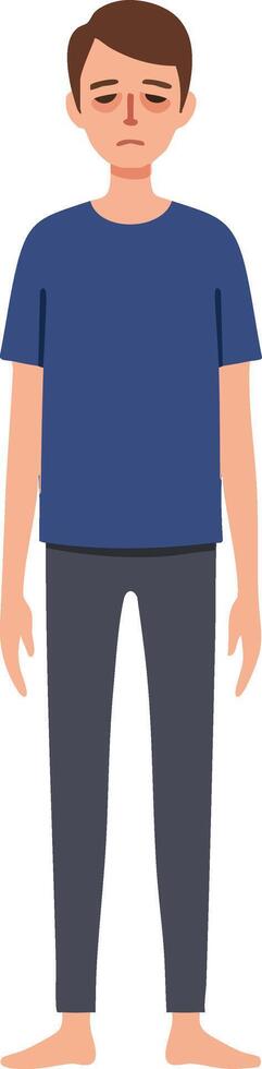 Sad young man standing barefoot in blue shirt and gray pants illustration of emotional expression and body language vector