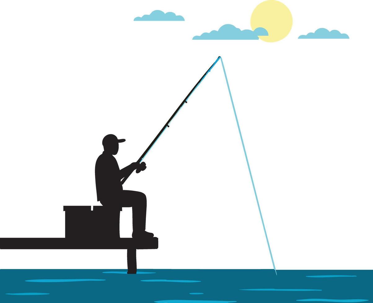 Fisherman sitting on dock fishing rod silhouette with sun clouds and water illustration vector