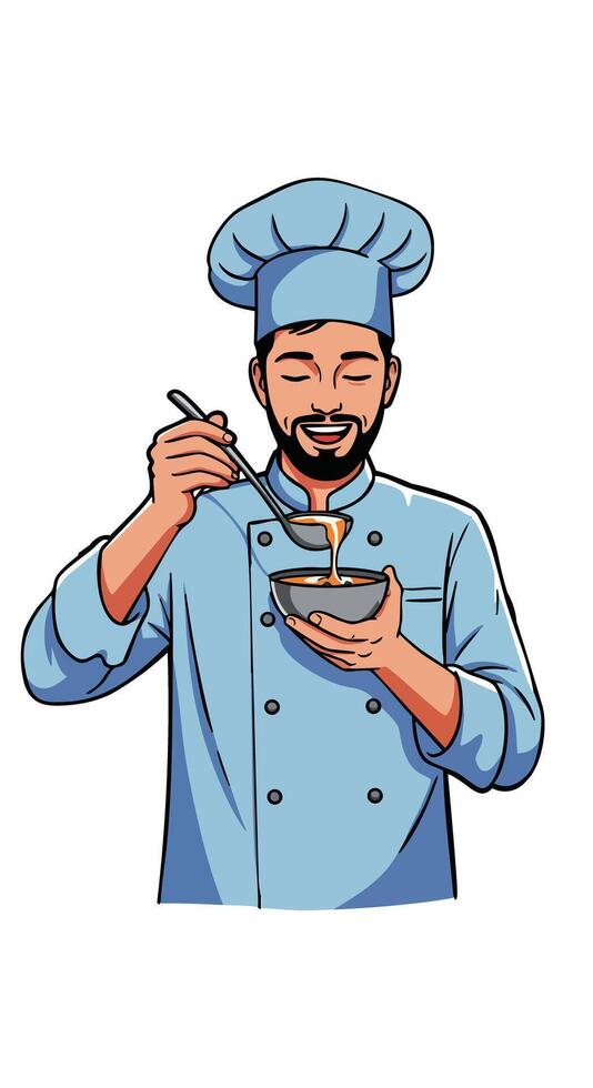 Male chef tasting soup with spoon in professional kitchen uniform illustration vector