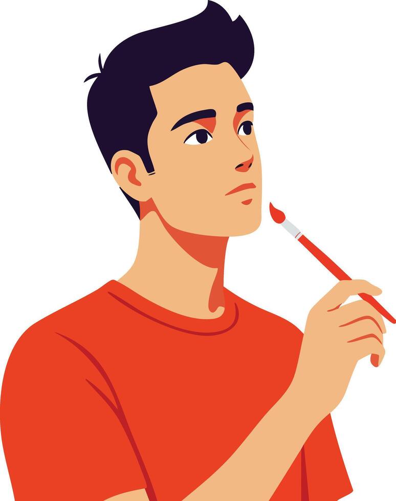 Young man holding paintbrush looking thoughtful creative expression illustration vector