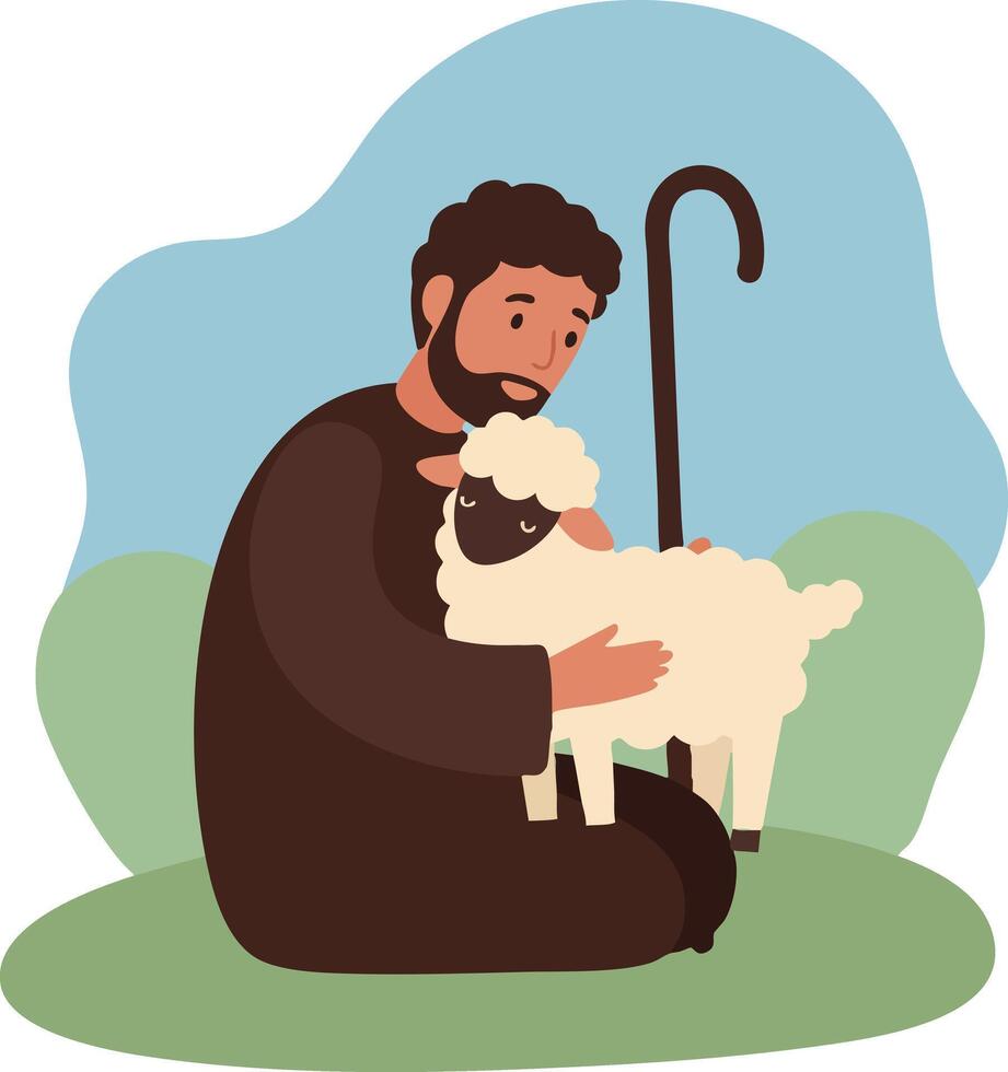 Shepherd caring for sheep with staff in pastoral scene illustration natural setting calm moment vector