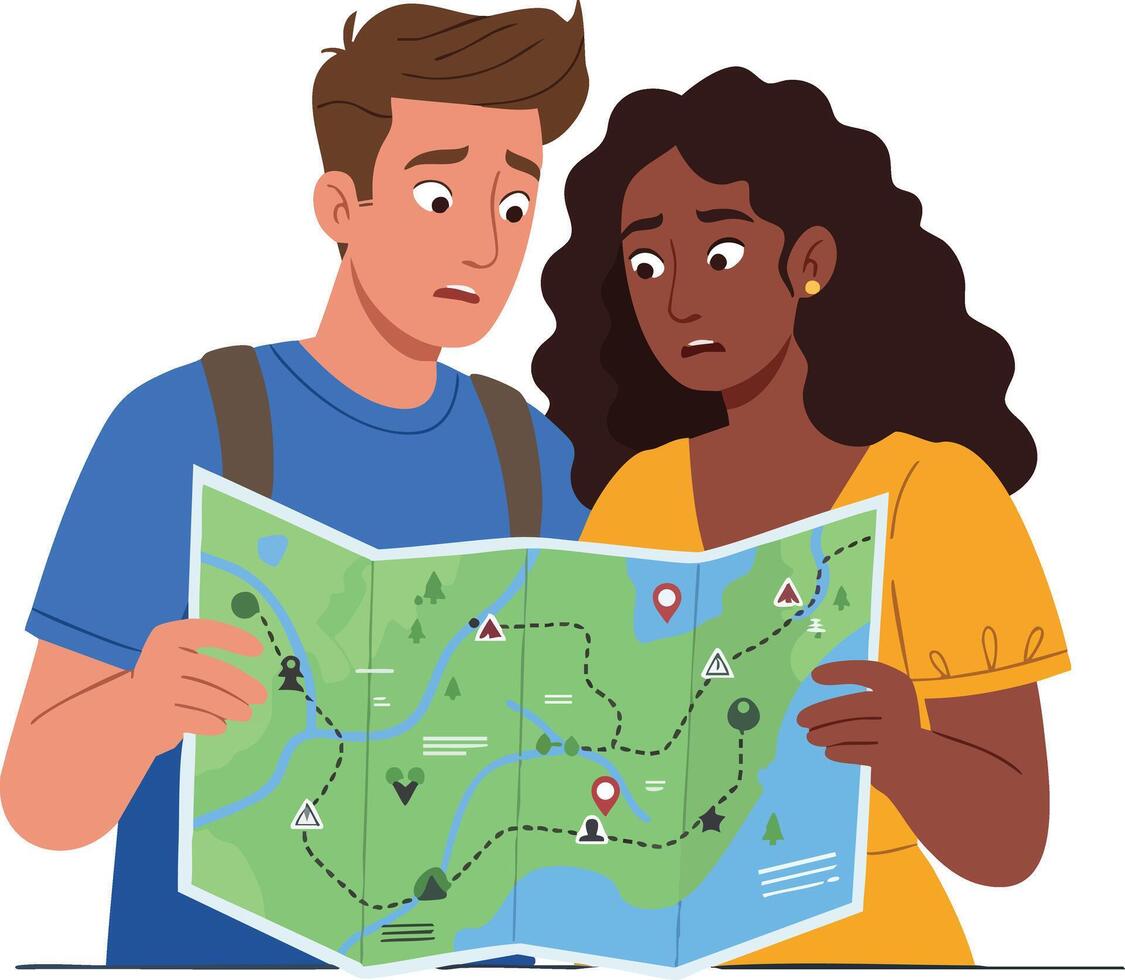 Confused young couple reading map during travel planning and navigation in outdoor adventure illustration vector