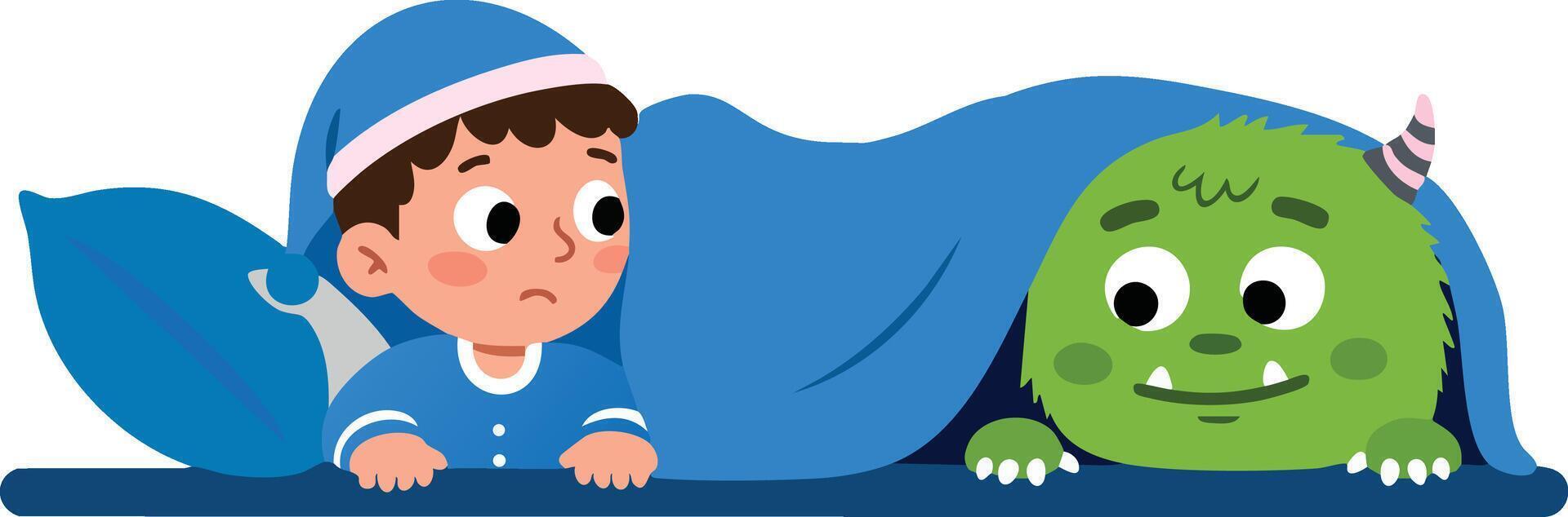 Boy in blue pajamas hiding under blanket with friendly green monster cartoon illustration vector